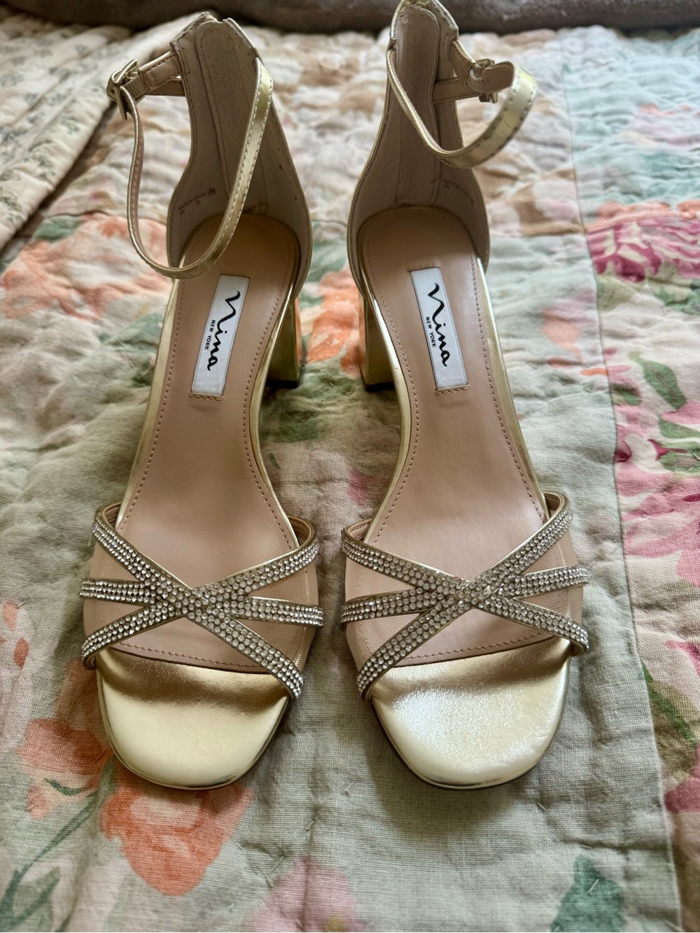 Vince Camuto Gold Rhinestone Ankle-Strap Block Heels